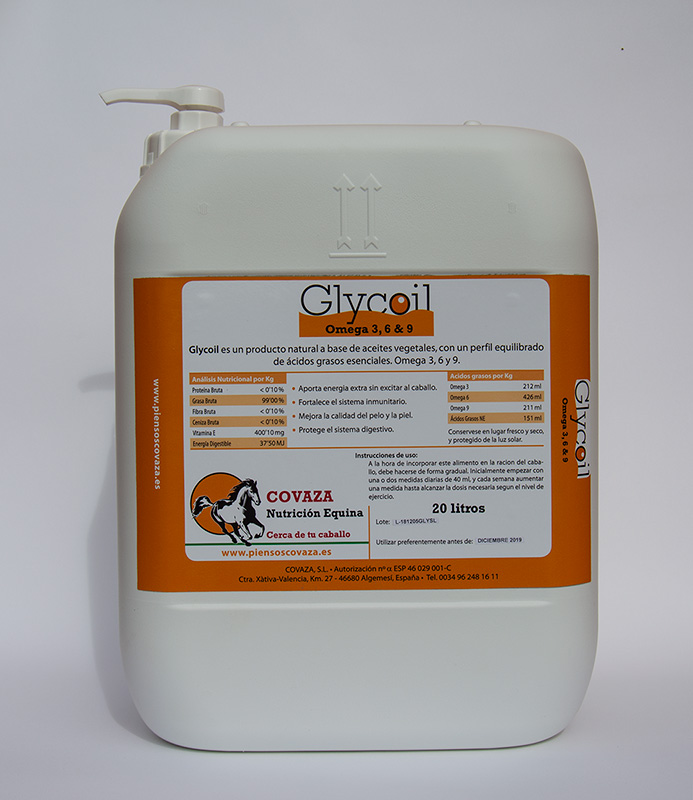 Garrafa de 20 litros de aceite para caballos, Glycoil - Omega 3,6,&9 