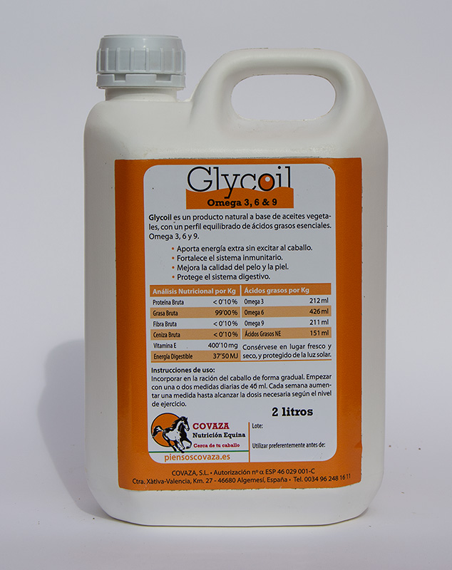 Garrafa de 2 litros de aceite para caballos, Glycoil - Omega 3,6,&9